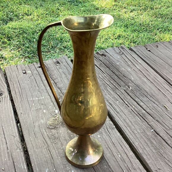 Vintage Brass Pitcher Vase India Bud Flower Vase with Handle Decor - Picture 2 of 4